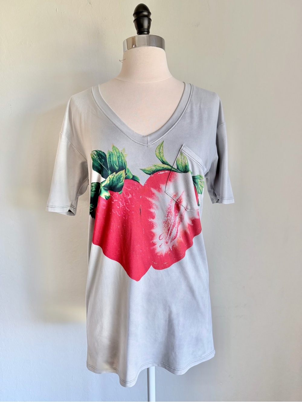 Go Couture Light Gray V-Neck Tee with Red Strawberry Print